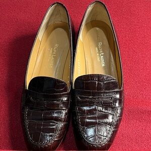 Ralph Lauren Women Dark Brown Croc-Embossed Leather Penny Loafers 6B Vintage